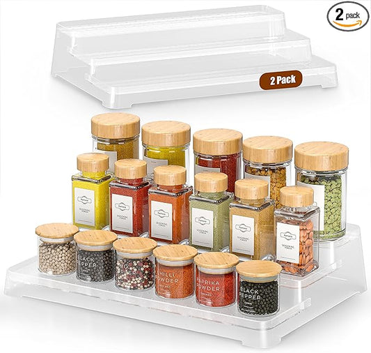 MUDEELA 2 Pack 3 Tier Spice Rack Organizer for Cabinet 11.6-Inch Spice Organization for Pantry, Non-Skid Spice Shelf with Protection Railing, Versatile Seasoning Organizer for Kitchen Counter