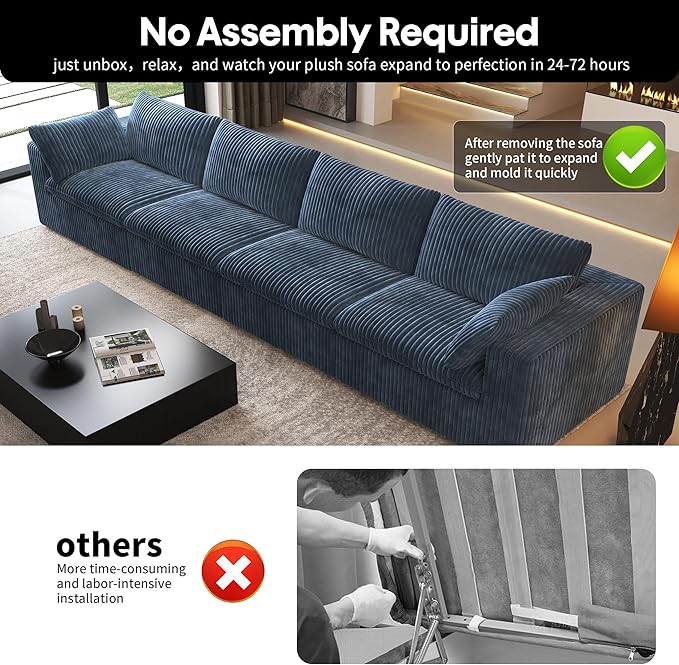 157.5" 4-Seater Cloud Sofa,Modular Sectional Couch,Modern Deep Seat Upholstered Couches with Plush Corduroy Fabric for Living Room Furniture,Bedroom and Apartment,No Assembly Required,Blue