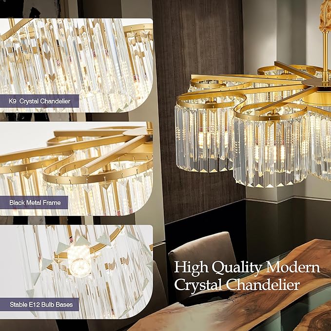 30.3“ Gold Semi Flush Mount Ceiling Light Fixtures, 8-Light Gold Modern Crystal Chandelier Height Adjustable Pendant Lighting for Bedroom Entryway Hallway Kitchen Island Living Room Foyer