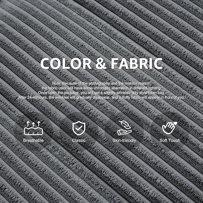 Bean Bag Chairs for Adults Giant Bean Bag Chair Memory Foam BeanBag Chair Big Bean Bag Sofa with Filler Faux Fur Fireside Beanbags Lazy Sofa for Living Room Bedroom Dorm Office (Grey Corduroy)