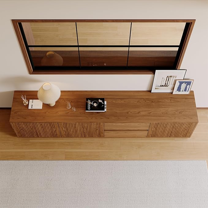 79" Mid-Century Modern TV Stand for Living Room, Farmhouse Entertainment Center with Storage & Drawers, Fluted Design Wood TV Console for Home Theater Office