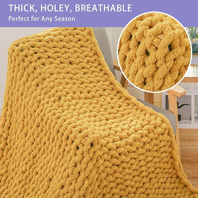 Bigacogo Chunky Knit Throw Blanket for Couch, 51x63 inches, 100% Hand Knitted with Thick Jumbo Chenille Yarn, Cozy Soft Large Rope Knot Cable Crochet Blankets for Sofa Bed Living Room, Mustard Yellow