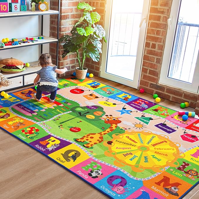 5x7 Playroom Rugs for Kids Washable, Educational and Fun Playmat with ABC Alphabet Animals Shapes Colors, Non-Slip Play Mat Learning Rugs for Baby Toddler Children Game Activity