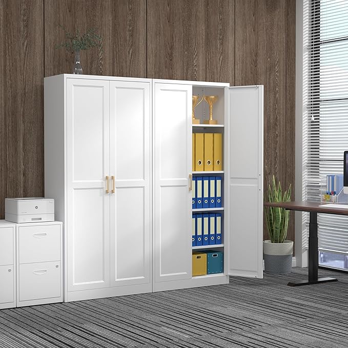 71" Tall Metal Pantry Cabinet, White Kitchen Pantry Storage Cabinet with 4 Adjustable Shelves and Gold Handles, Cupboard for Kitchen, Dining Room, Living Room, Bathroom