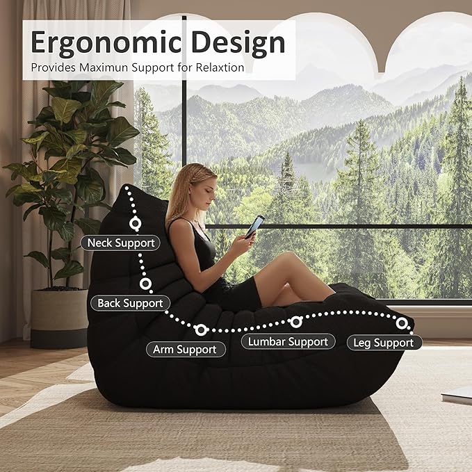 Bean Bag Chair, Oversized Bean Bag Chair for living Room, Fireside Chair for adults with Memory Foam Filled, Big Accent Sofa Lounge Floor Sofa for Gaming, Reading, Relax, No Assembly Required. (Black)