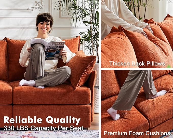 136.4" Oversized Modular Sectional Sofa, U Shaped Convertible Couch with Movable Ottoman, Large 7 Seat Corner Couches for Living Room Deep Seat Terracotta Orange Chenille