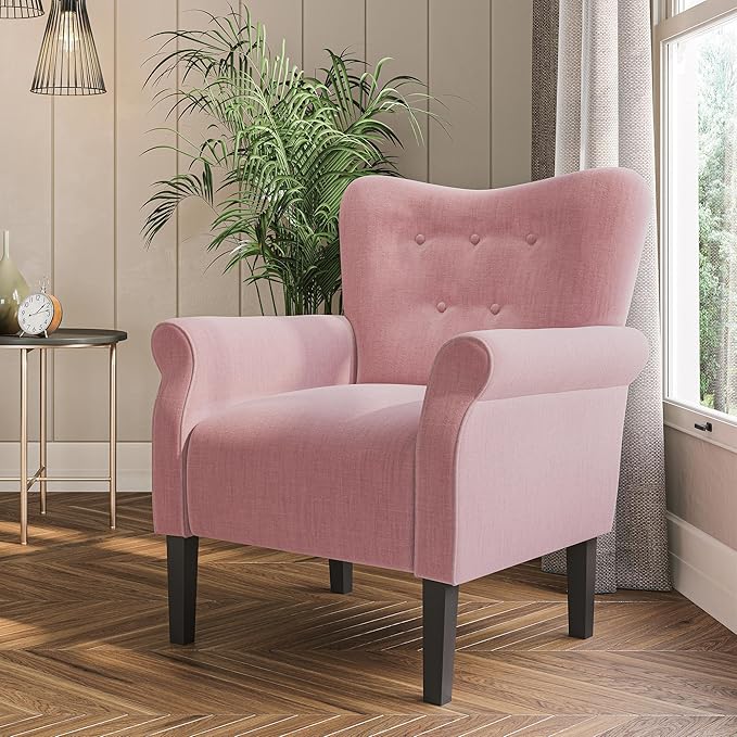 BELLEZE Modern Accent Chair for Living Room, High Back Armchair with Wooden Legs, Upholstered Wingback Side Chair Padded Armrest Single Sofa Club Chair for Living Room, Bedroom - Allston (Pink)