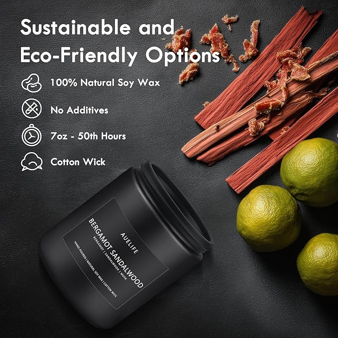 Bergamot Sandalwood Candle for Men | Masculine Scented Soy Candles - Home Fragrance, Aromatherapy Gifts for Men - 7oz Black Jar, Long-Lasting Luxury Decor