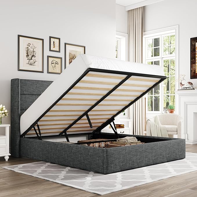 Allewie Full Size Lift Up Storage Bed, Modern Wingback Headboard, Hydraulic Support, No Box Spring Needed, Dark Grey