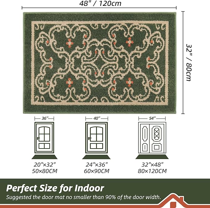 BEQHAUSE Dirt Trapper Door Mat 32" x 48", Non-Slip Entryway Rugs Washable, Floor Mat Stain Resistant and Absorbent Welcome Mat for Front Back Door, Muddy Wet Shoes & Paws, Green and Vining Floral