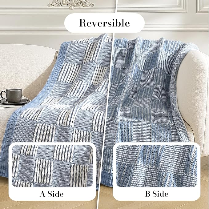 Amélie Home Chenille Knit Throw Blanket for Couch, Checkered Texture Decorative Soft Blanket for Sofa, Bed & Living Room, 50"x60", Blue & White