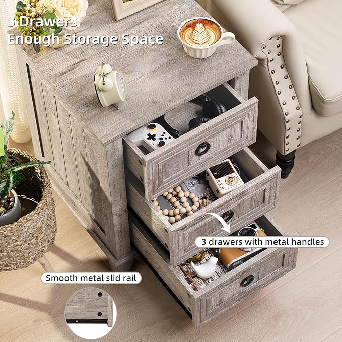 18" Farmhouse Night Stand with 3 Drawers, Wood End Table Dresser for Bedroom, Retro Oak Nightstand, Bed Side Table with Metal Handle, Bedside Cabinet for Bedroom Living Room, Closet