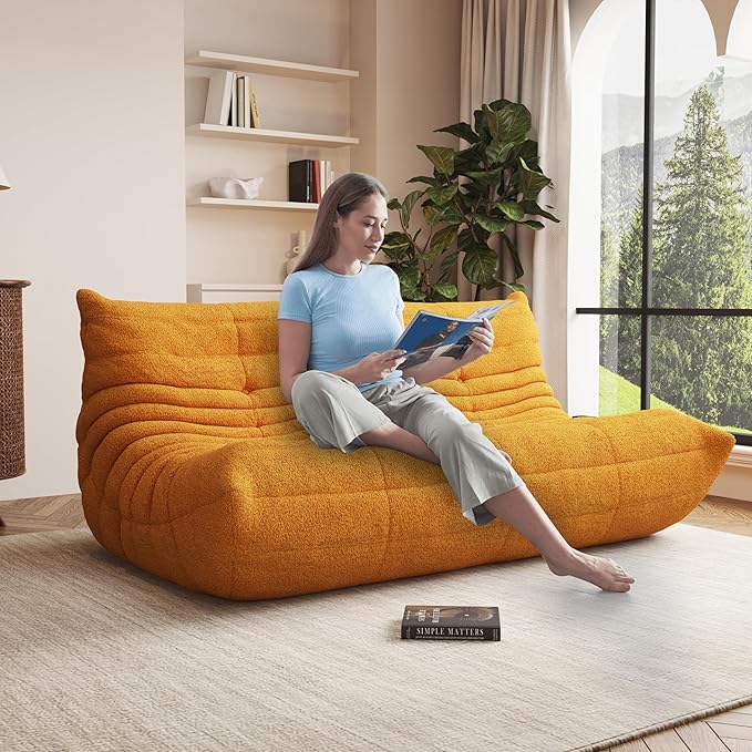 Bean Bag Chair, Oversized Bean Bag Chair for Living Room, Fireside Chair for Adults with Memory Foam Filled, Big Accent Lounge Floor Sofa for Reading, Relax, No Assembly Required. (Yellow 3-Seater)