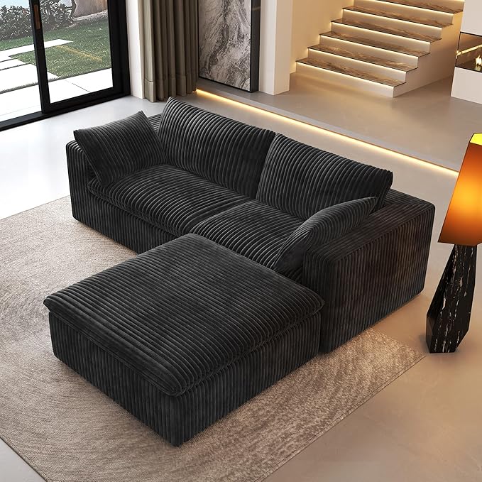 78.74" L Shaped Modern Sofa Modular Sectional Cloud Couch with Ottoman,Upholstered Couches with Plush Corduroy Fabric for Living Room Furniture,Bedroom and Apartment,No Assembly Required,Black
