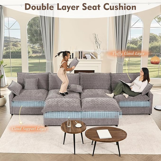 142.5" U Shaped Couch, Modular Sectional Sofa, 3-Seater Comfy Cloud Couch with Movable Ottoman, Deep Seat Couches for Living Room, Chenille, Slate