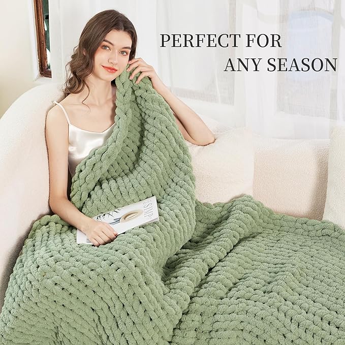 Admitrack Chunky Knit Blanket Throw, 100% Hand Knit Chenille Throw Blanket for Sofa & Home Decor, Soft and Cozy Knitted Throw Blankets (Sage Green，40"x50")