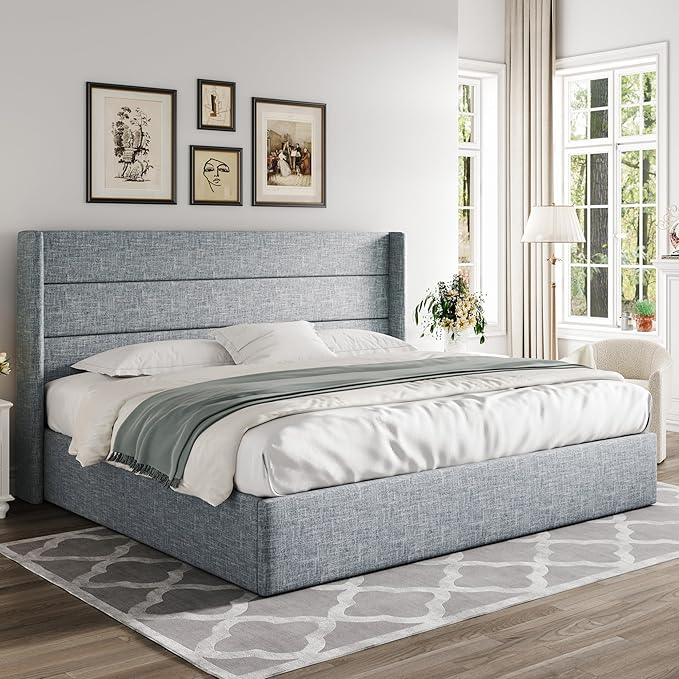Allewie King Size Lift Up Storage Bed, Modern Wingback Headboard, Hydraulic Support, No Box Spring Needed, Grey Blue