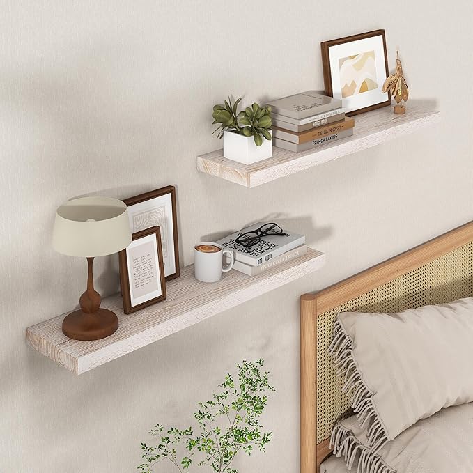 Axeman Floating Shelves for Wall - 32''W x 8'' D Rustic Solid Elm Wood Shelves for Storage, Wall Mounted Display Shelving with Invisible Heavy-Duty Metal Bracket (White Wash, 2PCs)