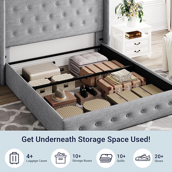 Allewie Full Size Lift Up Storage Bed, Button Tufted Headboard with Wingback, Hydraulic Support, No Box Spring Needed, Light Grey