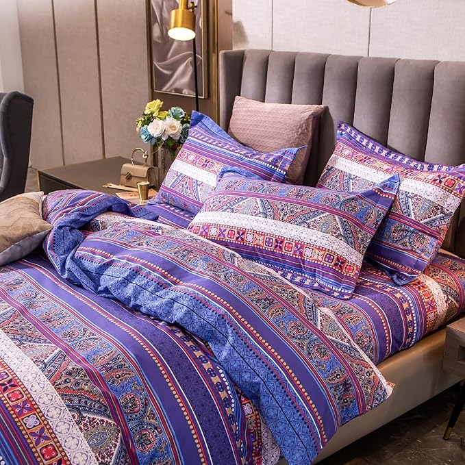 ABREEZE Bohemian Vintage King Size Floral Cotton Bedding Set 3Pcs Duvet Cover Set Boho Purple Paisley 100% Egyptian Brushed Cotton Reversible Home Bedding Collection