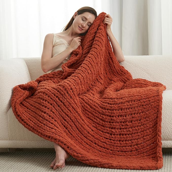 Amélie Home Chunky Knit Throw Blanket for Couch, Soft Chenille Crochet Blanket for Sofa, 50"x60", Burnt Orange