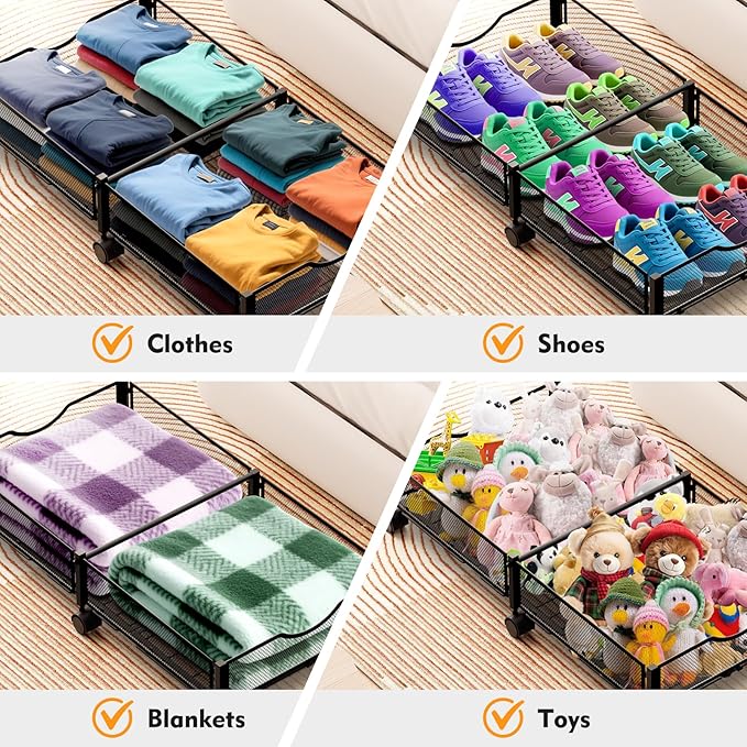 2 Pack Under Bed Storage with Wheels, 36" Lengthen Underbed Storage Containers with Lids, Large Capacity Under Bed Shoe Storage, Metal Clothes Organizer, Storage Box for Clothing Shoes Blankets Sheet