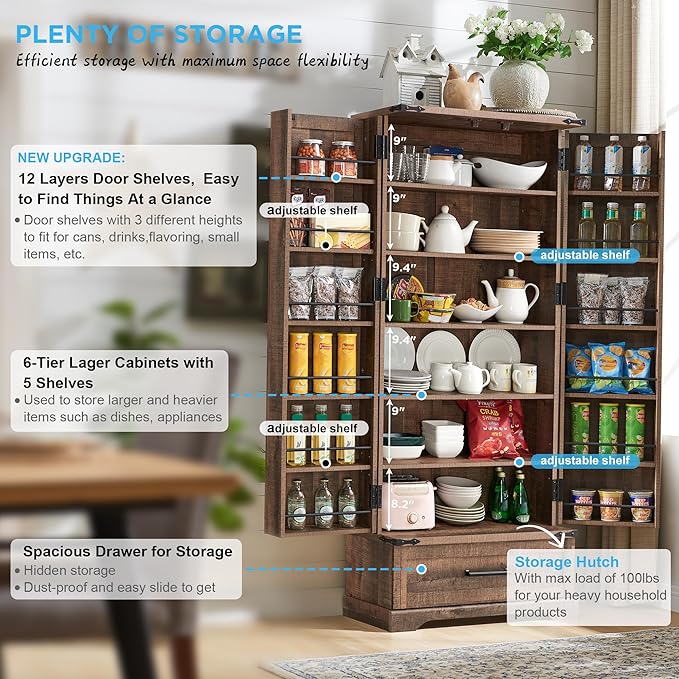 72" Farmhouse Kitchen Pantry Cabinet With Drawer, Tall Storage With 2 Barn Doors and Shelves, Versatile Large Rustic for Dining Room, Bathroom, Living Room, Rustic Brown