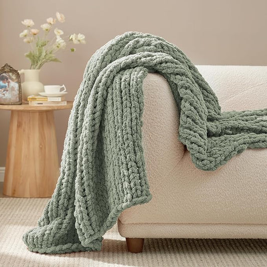 Amélie Home Chunky Knit Throw Blanket for Couch, Soft Chenille Crochet Blanket for Children, 40"x50", Sage Green