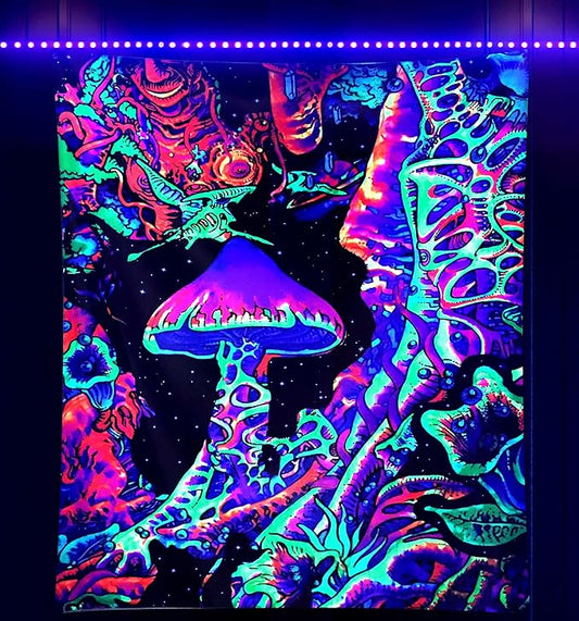 ADDWel Blacklight Mushroom Tapestry, Upright Tapestry Glow In The Dark, UV Reactive Black Light Tapestries Posters Wall Hanging for Backdrop Bedroom Dorm Living Room Decor(60"x80")