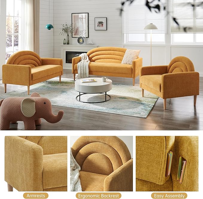 Accent Chair Reading Chair with Armrest, Small Comfy Chair for Small Spaces, Modern Linen Upholstered Armchair for Bedroom & Living Room, Single Sofa Chair with Wood Legs, Easy Assembly (Yellow)