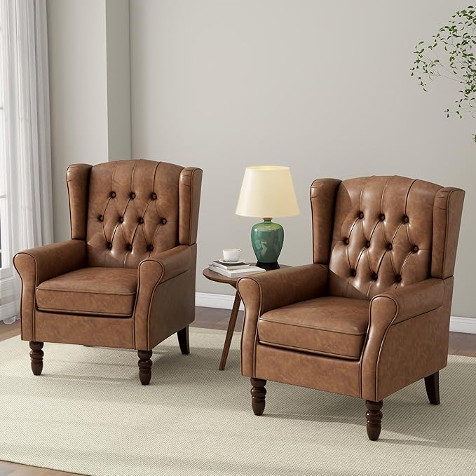 Accent Chair, Upholstered Armchair with Button Tufted High Back & Solid Wood Legs, Comfy Wingback Reading Single Sofa Chair for Small Spaces, Living Room, Bedroom (Leather Brown, Set of 1)
