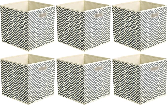 Amazon Basics Collapsible Cube Storage Organizer Bins, 6-Pack, 10.5 x 10.5 x 11 inches, Chevron Grey