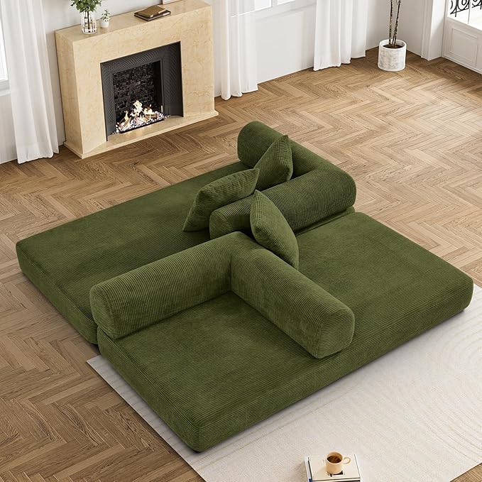 80.3" Convertible Sleeper Sofa Bed with Cylindrical Pillow, Corduroy Folding Mattress Couch with Fixed-Shape Frame, Modular Floor Sofa Lounge Couch for Living Room Bedroom Lounge, Green