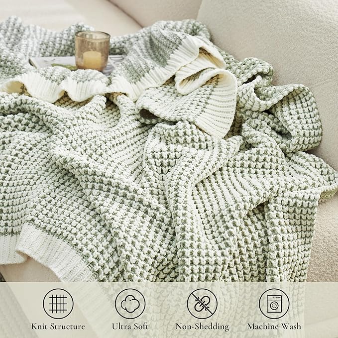 Amélie Home Chenille Waffle Throw Blanket for Couch, Reversible Pineapple Stitch Knit Soft Cozy Knit Blanket Lightweight Warm Decorative Throw for Sofa, Bed, Living Room, 60 * 80", Sage Green&Ivory