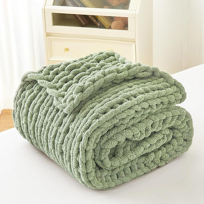 Admitrack Chunky Knit Blanket Throw, 100% Hand Knit Chenille Throw Blanket for Sofa & Home Decor, Soft and Cozy Knitted Throw Blankets (Sage Green，51"x63")
