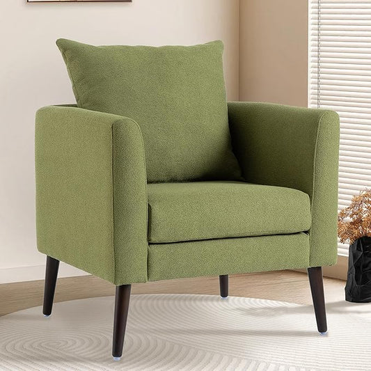 Barrel Accent Chair with Back Pillow, Large Upholstered Armchair with Solid Wood Legs Modern Reading Chairs for Living Room Bedroom