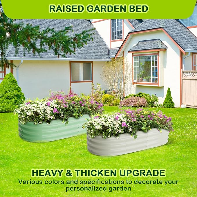 2 Pcs 4.5x2x2ft Oval Raised Garden Bed, Galvanized Raised Beds,Open-Ended Base Metal Raised Planter Beds,Garden Bed Outdoor,Planter Raised Boxes for Vegetables, Flowers,Tool-Free Asse,White