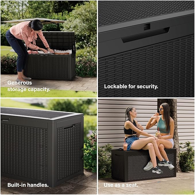 180 Gallon Resin Deck Box, Waterproof Outdoor Storage Bin for Patio Furniture, Pool Accessories, and Garden Tools, Lockable & UV-Resistant, Black