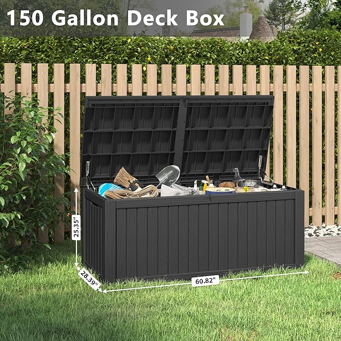 150 Gallon Resin Deck Box, Large Indoor and Outdoor Storage Box, Weatherproof and UV Resistant Outdoor Storage Box with Built-in Steel Beams for Patio, Cushions, Pool Supplies