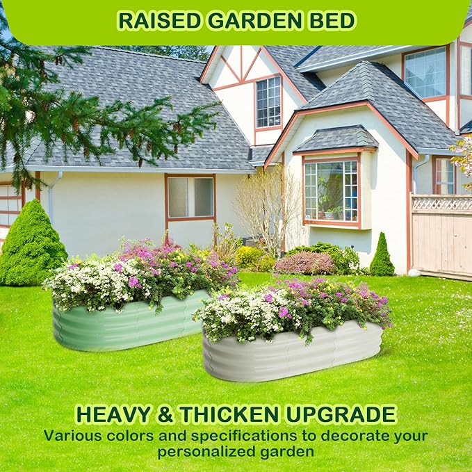 2 Pcs 4.5x2x1ft Oval Raised Garden Bed, Galvanized Raised Beds,Open-Ended Base Metal Raised Planter Beds,Garden Bed Outdoor,Planter Raised Boxes for Vegetables, Flowers,Tool-Free Asse,Green