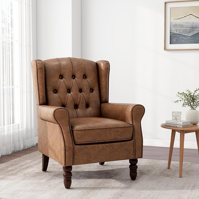 Accent Chair, Upholstered Armchair with Button Tufted High Back & Solid Wood Legs, Comfy Wingback Reading Single Sofa Chair for Small Spaces, Living Room, Bedroom (Leather Brown, Set of 1)