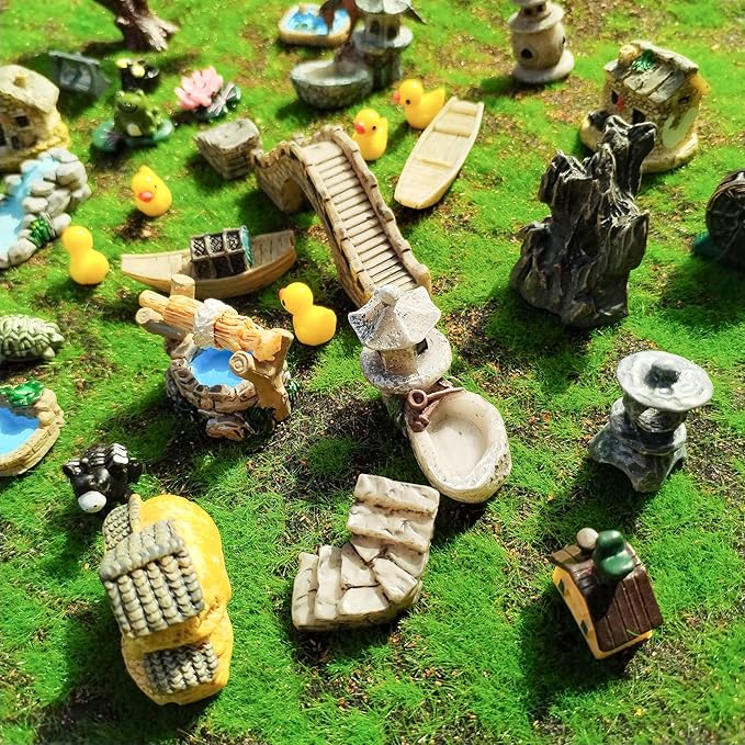 37PCS Fairy Garden Accessories, Miniature Nature Village Theme Fairy Garden Supplies for Outdoor, Mini Resin Animals House Bridge Pool Figurines Micro Landscape Succulent Plant Pots Terrarium Decor