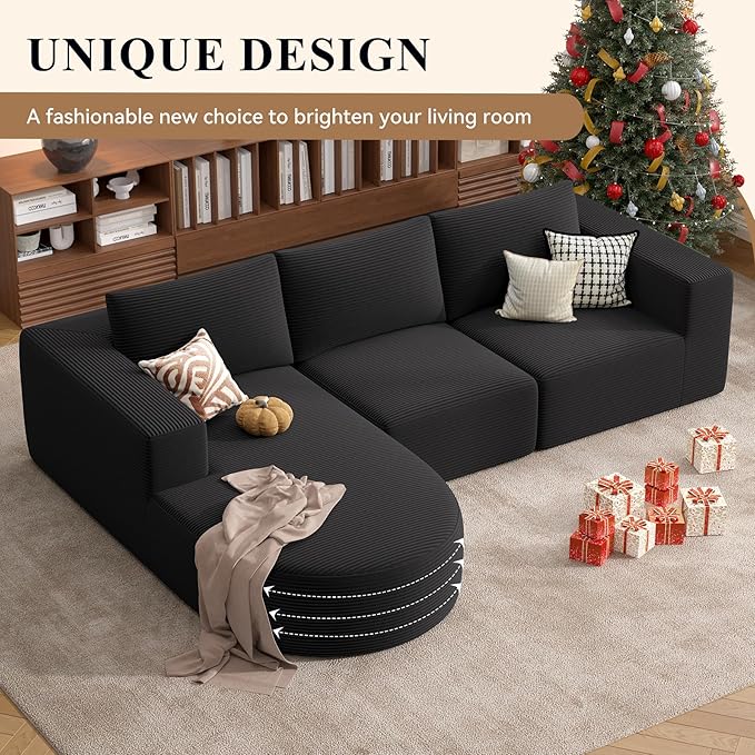 Modular Sectional Sofa with L-Shape Chaise,Cloud Sectional Modern Sleeper Couch with Deep Seat,Sponge Compression Sofas No Assembly Required (Black-Corduroy Fabric) 1pcs