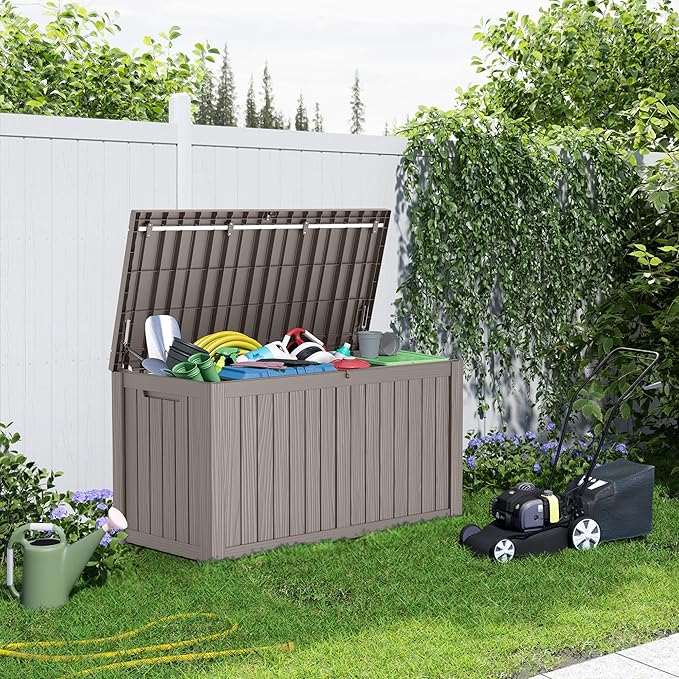 150 Gallon Resin Deck Box, Lockable Patio Outdoor Storage Box for Furniture, Garden Tools and Tools Storage, Waterproof Outside Storage Boxes - Grey