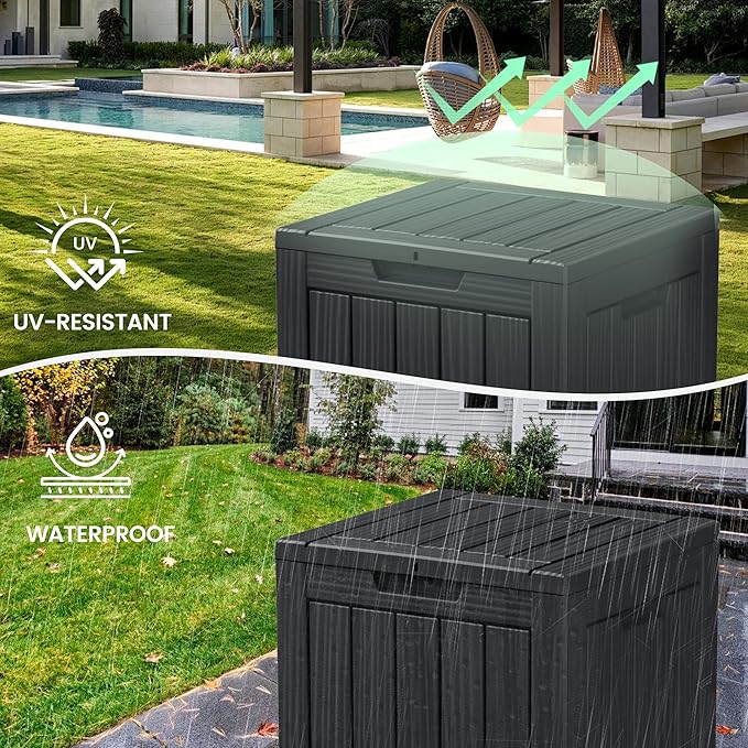 28 Gallon Outdoor Storage Box, Waterproof Durable Resin Deck Box for Indoor & Outdoor Use, Lockable Outdoor Bench, Deck Bin for Patio Furniture, Deliveries, Pool Supplies, Black