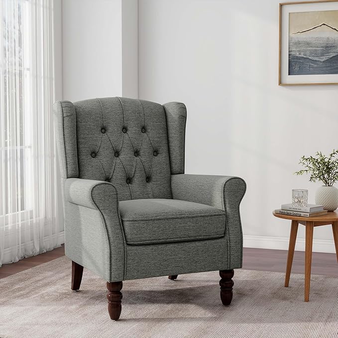 Accent Chair, Upholstered Armchair with Button Tufted High Back & Solid Wood Legs, Comfy Wingback Reading Single Sofa Chair for Small Spaces, Living Room, Bedroom (Grey, Set of 2)