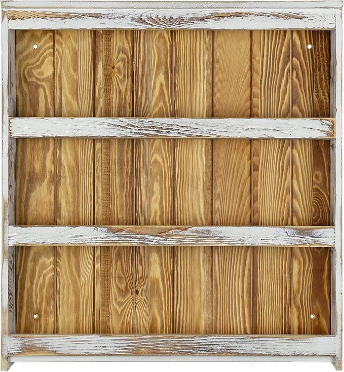 MyGift 3 Tier Wall Mounted Spice Rack, Shabby White Washed and Rustic Natural Burnt Solid Wood Kitchen Pantry Storage Shelf for Seasoning Jars or Condiment Bottles