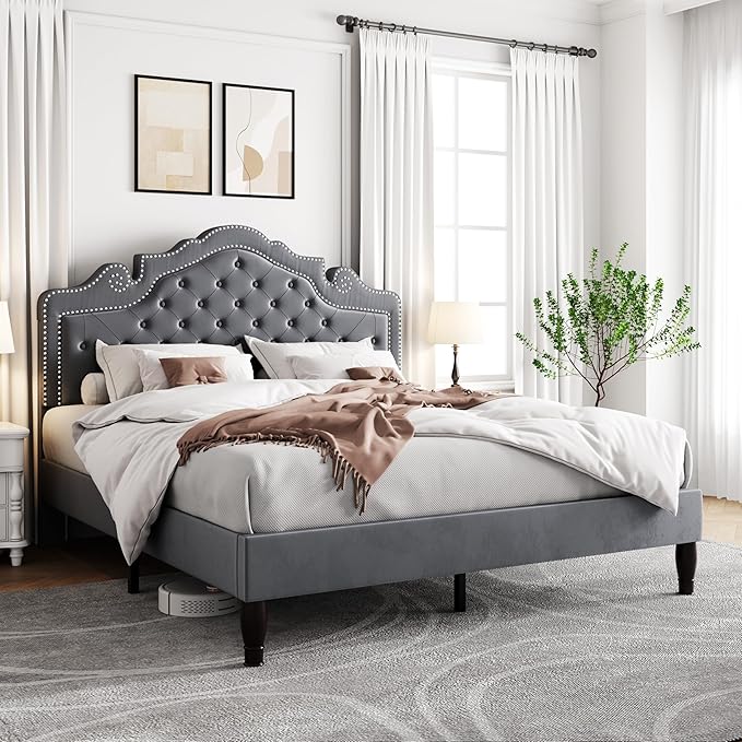 Allewie Queen Size Bed Frame with Adjustable Velvet Tiara Headboard, Upholstered Diamond Button Tufted Platform Bed, Wood Slats Support, No Box Spring Needed, Light Grey