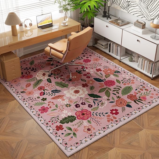 Bedroom Rug 3x5 Rug Washable Area Rug Non Slip Low Pile Boho Floral Small Carpet for Bedroom, Bedside, Kitchen, Entryway, Kids Room, Office, College Dorm Essentials for Girls(Pink)
