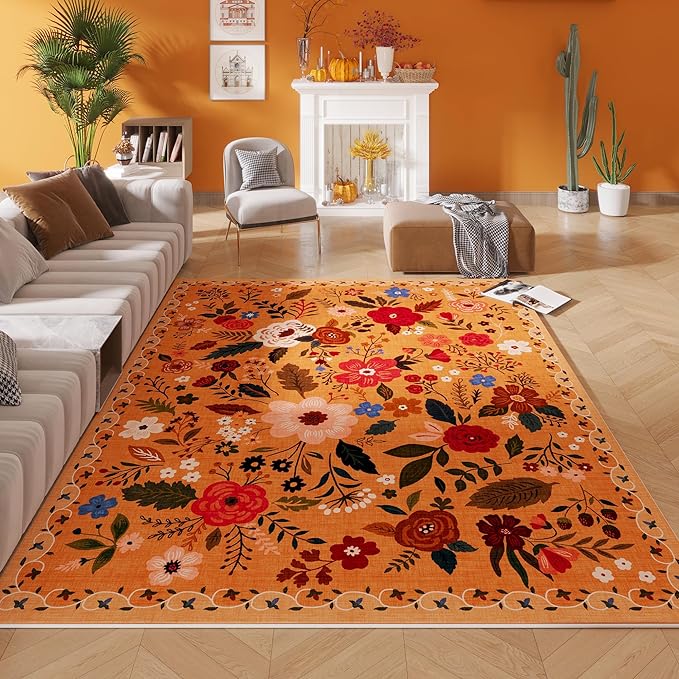 Area Rugs 8x10 Rug for Living Room Clearance Washable Boho Area Rug Non Slip Floral Vintage Low Pile Large Rug for Living Room, Bedroom, Farmhouse, Dining Room, Kids Playroom(Yellow)